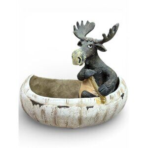 Vintage Ceramic Moose Rowing a Canoe Boat Planter Trinket Candy Bowl 7'X6.5'